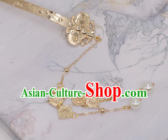 China Ancient Empress Pearls Tassel Hairpin Traditional Tang Dynasty Empress Palace Golden Hair Stick
