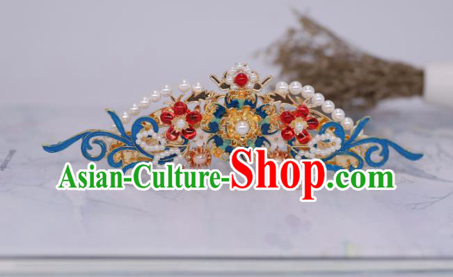 China Ancient Palace Lady Pearls Hair Stick Traditional Ming Dynasty Blueing Hair Crown