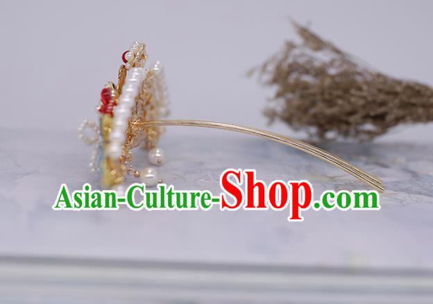 China Ancient Palace Lady Pearls Hair Stick Traditional Ming Dynasty Blueing Hair Crown