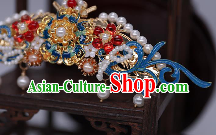 China Ancient Palace Lady Pearls Hair Stick Traditional Ming Dynasty Blueing Hair Crown