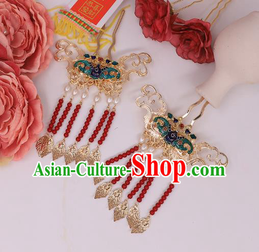 China Ancient Princess Red Beads Tassel Hairpin Traditional Ming Dynasty Young Lady Blueing Bat Hair Stick