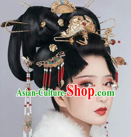 China Ancient Princess Red Beads Tassel Hairpin Traditional Ming Dynasty Young Lady Blueing Bat Hair Stick