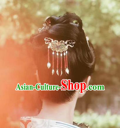China Ancient Princess Red Beads Tassel Hairpin Traditional Ming Dynasty Young Lady Blueing Bat Hair Stick
