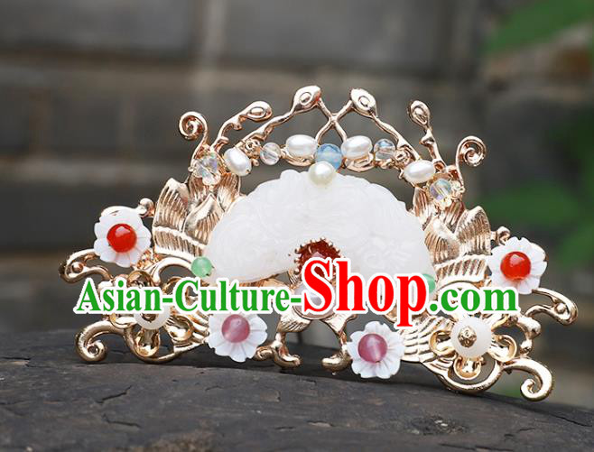 China Ancient Court Lady Golden Hairpin Traditional Ming Dynasty Princess Jade Hair Crown