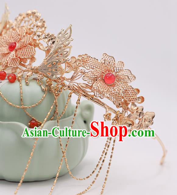 China Ancient Princess Tassel Hair Clasp Traditional Ming Dynasty Wedding Golden Peony Hair Crown