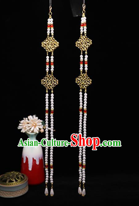 China Ancient Queen Pearls Tassel Hairpin Traditional Ming Dynasty Empress Golden Phoenix Hair Stick