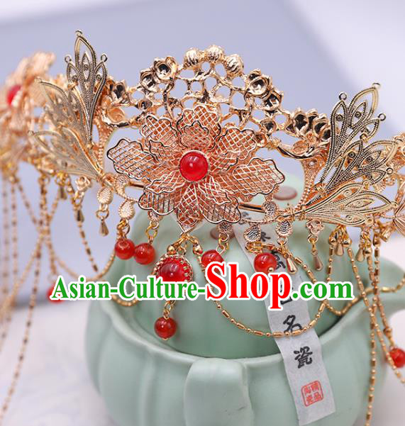 China Ancient Princess Tassel Hair Clasp Traditional Ming Dynasty Wedding Golden Peony Hair Crown