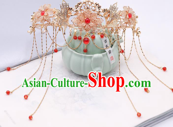 China Ancient Princess Tassel Hair Clasp Traditional Ming Dynasty Wedding Golden Peony Hair Crown