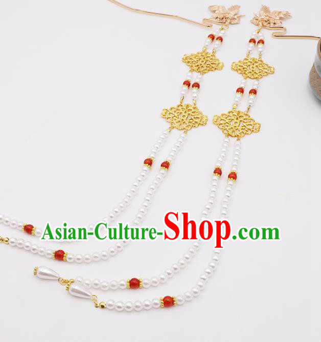China Ancient Queen Pearls Tassel Hairpin Traditional Ming Dynasty Empress Golden Phoenix Hair Stick