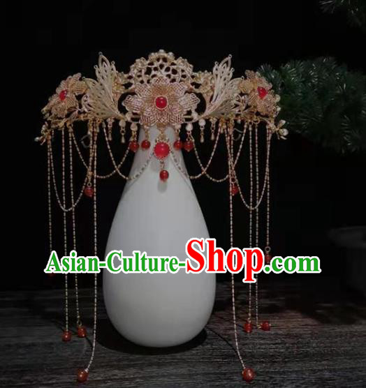 China Ancient Princess Tassel Hair Clasp Traditional Ming Dynasty Wedding Golden Peony Hair Crown