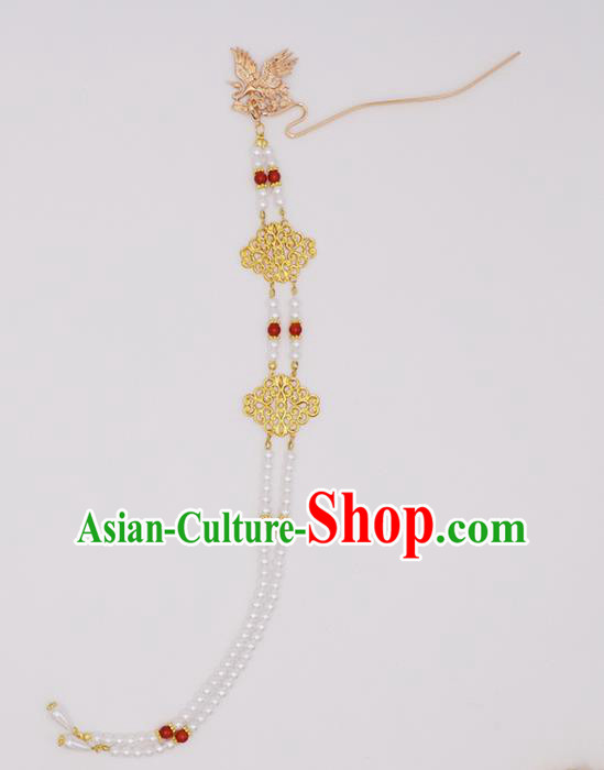 China Ancient Queen Pearls Tassel Hairpin Traditional Ming Dynasty Empress Golden Phoenix Hair Stick