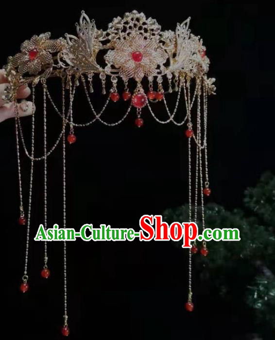 China Ancient Princess Tassel Hair Clasp Traditional Ming Dynasty Wedding Golden Peony Hair Crown