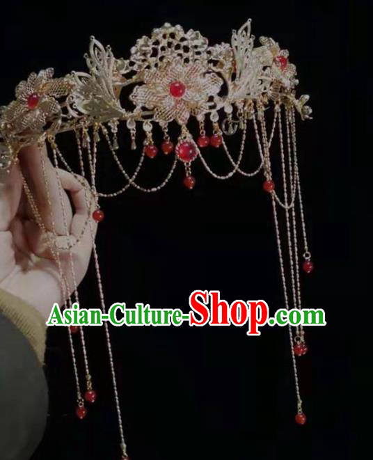 China Ancient Princess Tassel Hair Clasp Traditional Ming Dynasty Wedding Golden Peony Hair Crown