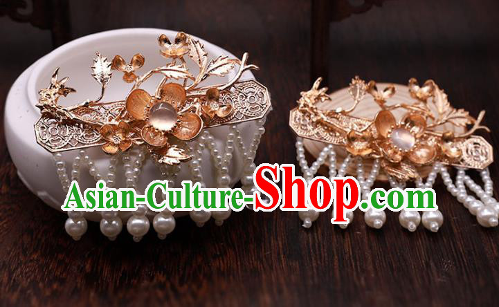 China Ancient Princess Golden Plum Hairpin Traditional Ming Dynasty Pearls Tassel Hair Claws