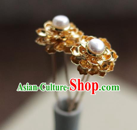 China Ancient Queen Pearl Hairpin Traditional Ming Dynasty Empress Golden Peony Hair Stick