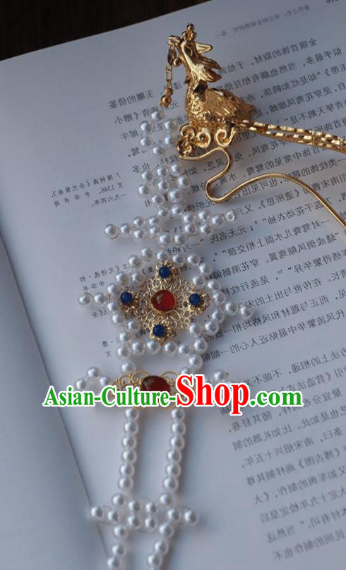 China Ancient Queen Pearls Tassel Hairpin Traditional Ming Dynasty Empress Golden Phoenix Hair Stick