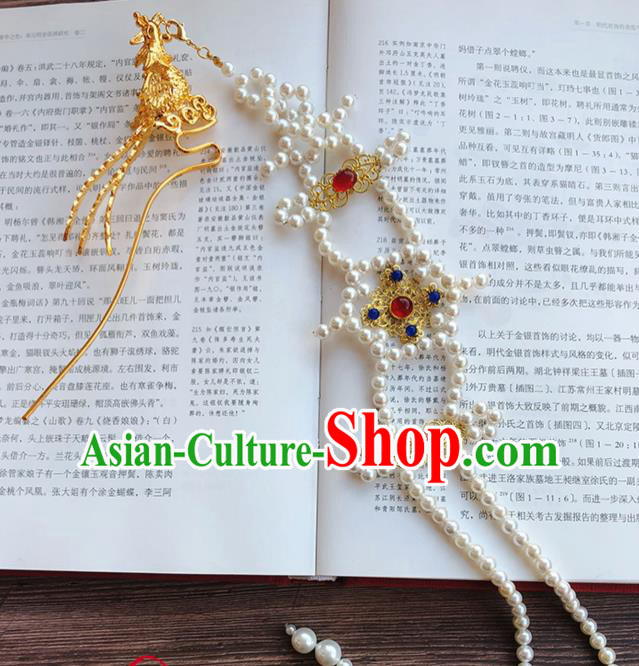 China Ancient Queen Pearls Tassel Hairpin Traditional Ming Dynasty Empress Golden Phoenix Hair Stick