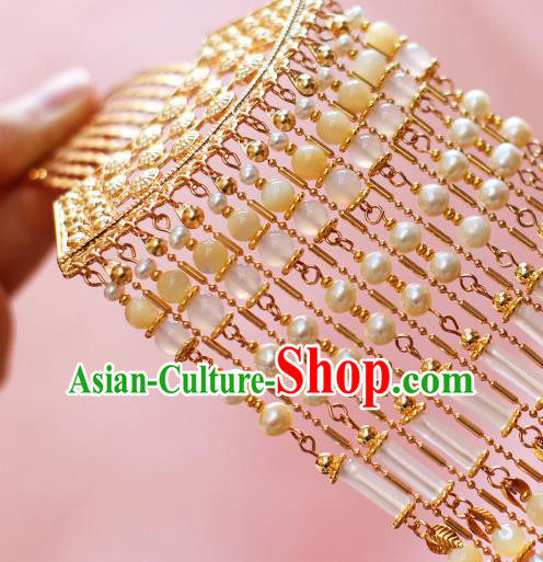 China Ancient Court Woman Golden Hairpin Traditional Tang Dynasty Empress Pearls Tassel Hair Comb