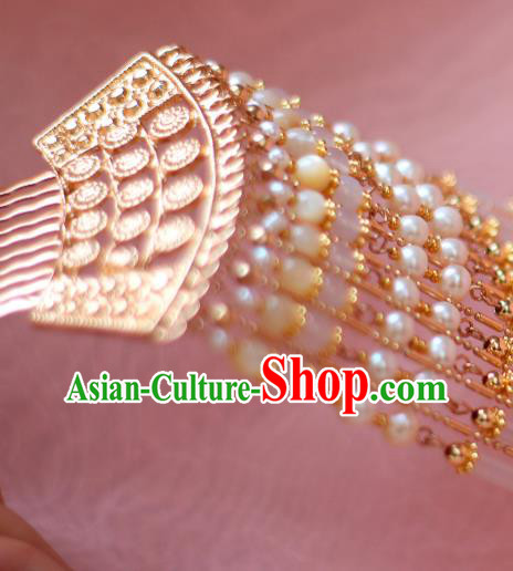 China Ancient Court Woman Golden Hairpin Traditional Tang Dynasty Empress Pearls Tassel Hair Comb