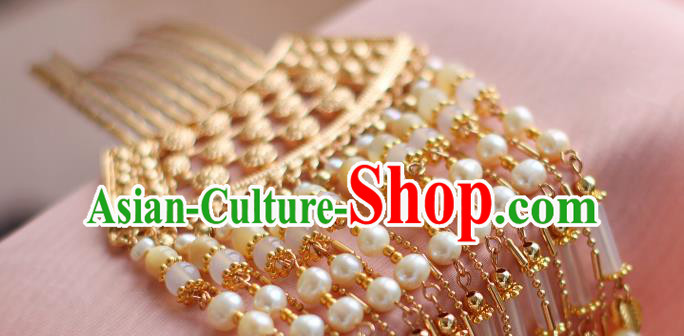 China Ancient Court Woman Golden Hairpin Traditional Tang Dynasty Empress Pearls Tassel Hair Comb