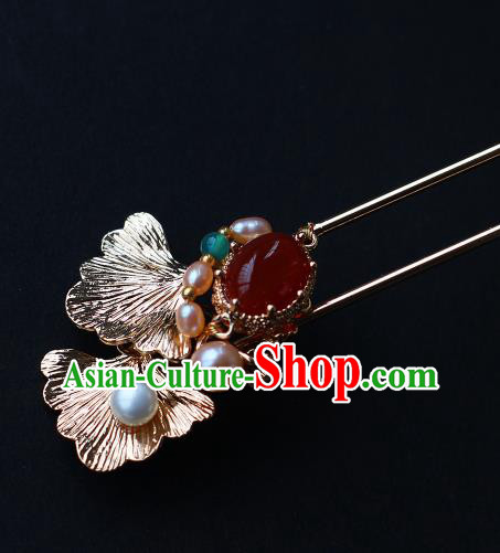 China Ancient Princess Agate Hairpin Traditional Tang Dynasty Empress Golden Ginkgo Leaf Hair Stick
