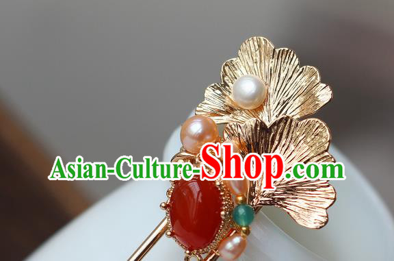 China Ancient Princess Agate Hairpin Traditional Tang Dynasty Empress Golden Ginkgo Leaf Hair Stick
