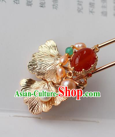 China Ancient Princess Agate Hairpin Traditional Tang Dynasty Empress Golden Ginkgo Leaf Hair Stick