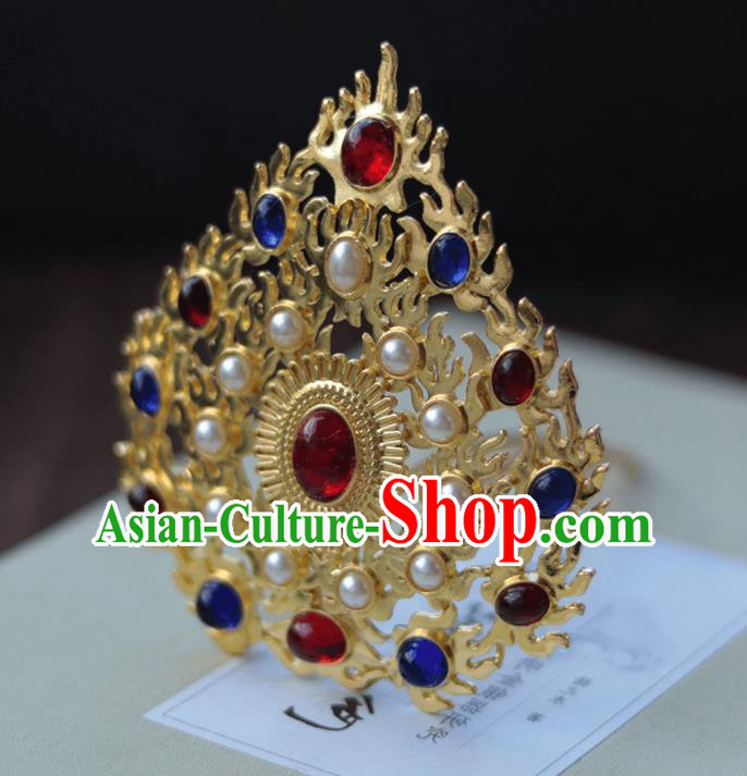China Ancient Court Woman Golden Hairpin Traditional Ming Dynasty Empress Gems Pearls Hair Crown