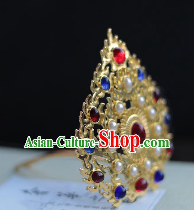 China Ancient Court Woman Golden Hairpin Traditional Ming Dynasty Empress Gems Pearls Hair Crown
