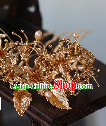 China Ancient Palace Lady Hairpin Traditional Tang Dynasty Princess Golden Manjusaka Hair Comb