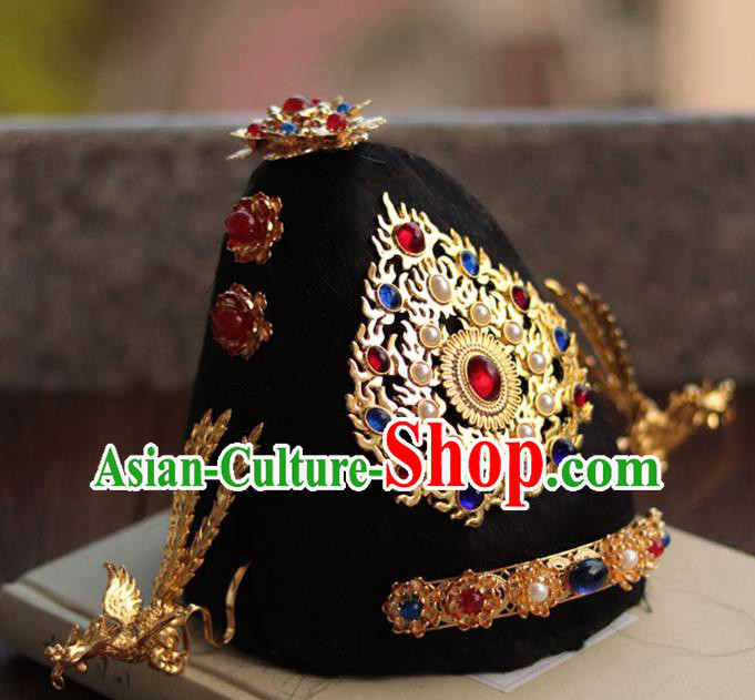China Ancient Court Woman Golden Hairpin Traditional Ming Dynasty Empress Gems Pearls Hair Crown