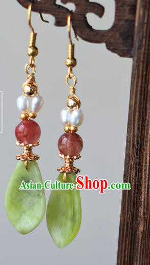 Chinese Traditional Ming Dynasty Court Lady Green Leaf Earrings Ancient Princess Pearls Ear Jewelry
