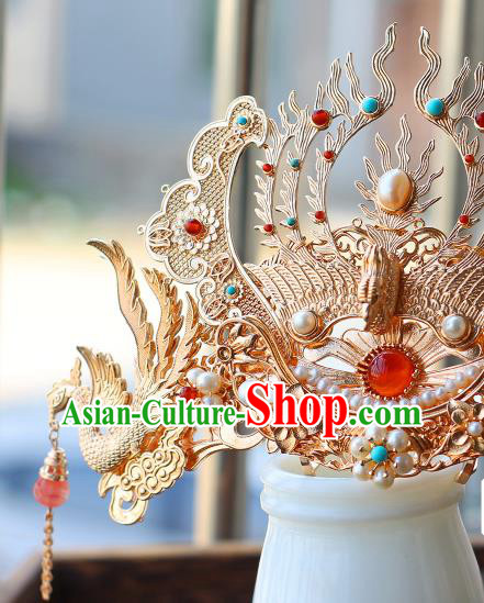 China Ancient Royal Empress Pearls Hairpin Traditional Ming Dynasty Queen Golden Phoenix Hair Crown