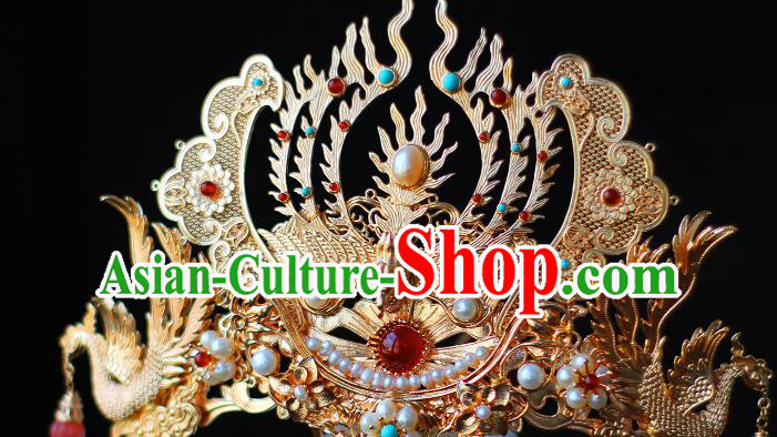 China Ancient Royal Empress Pearls Hairpin Traditional Ming Dynasty Queen Golden Phoenix Hair Crown