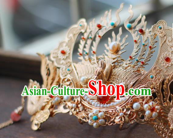 China Ancient Royal Empress Pearls Hairpin Traditional Ming Dynasty Queen Golden Phoenix Hair Crown