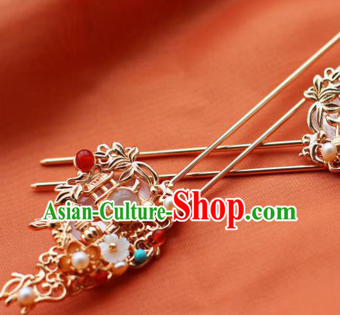 China Ancient Palace Lady Hairpin Traditional Ming Dynasty Queen Golden Lotus Hair Stick