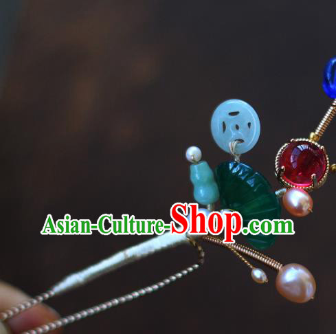 China Ancient Princess Pearls Jade Hairpin Traditional Qing Dynasty Queen Gems Hair Stick