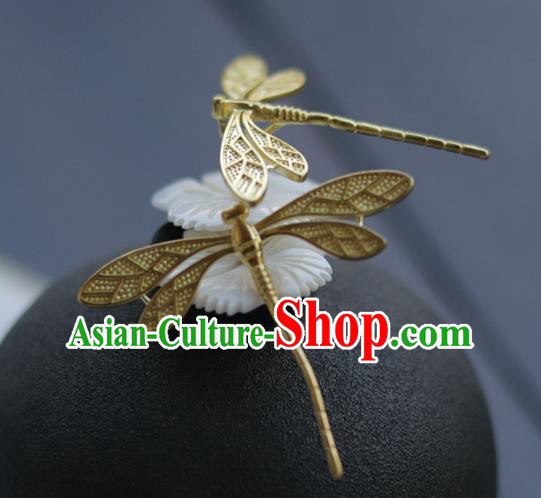China Ancient Noble Lady Jade Hairpin Traditional Ming Dynasty Princess Golden Dragonfly Hair Stick