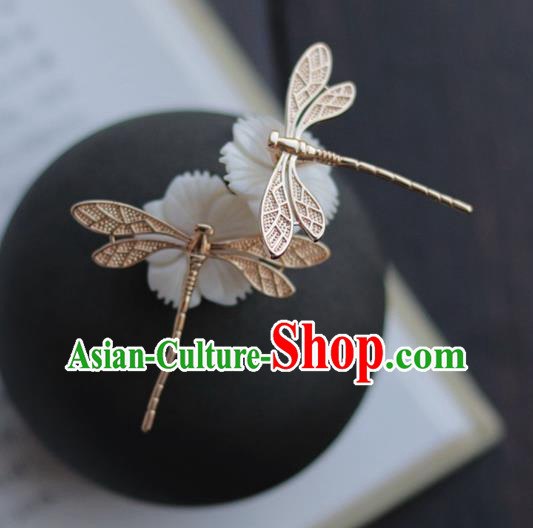 China Ancient Noble Lady Jade Hairpin Traditional Ming Dynasty Princess Golden Dragonfly Hair Stick