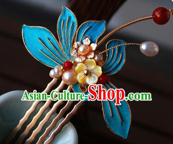 China Ancient Princess Pearls Hairpin Traditional Ming Dynasty Palace Lady Orchids Hair Comb