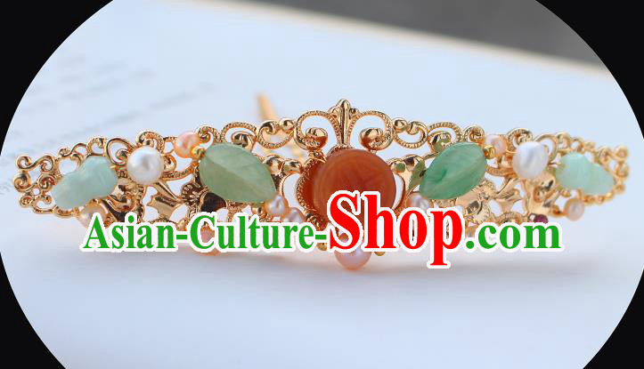 China Ancient Palace Lady Golden Hairpin Traditional Ming Dynasty Princess Agate Pearls Hair Crown