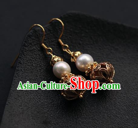 Chinese Traditional Ming Dynasty Court Empress Earrings Ancient Queen Golden Gourd Ear Jewelry