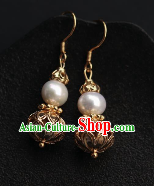 Chinese Traditional Ming Dynasty Court Empress Earrings Ancient Queen Golden Gourd Ear Jewelry
