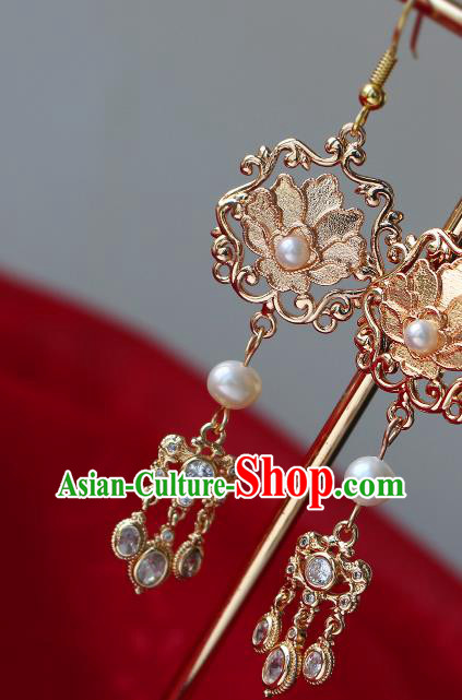 Chinese Traditional Qing Dynasty Queen Golden Earrings Ancient Empress Crystal Tassel Ear Jewelry