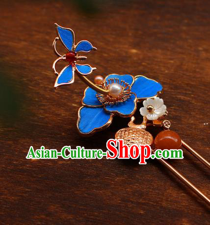 China Ancient Imperial Concubine Hairpin Traditional Qing Dynasty Court Woman Blue Butterfly Hair Stick