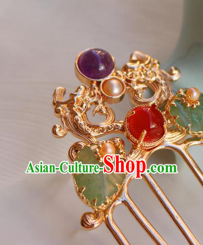 China Ancient Princess Jade Leaf Hairpin Traditional Tang Dynasty Golden Hair Comb