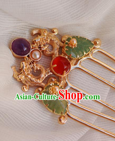 China Ancient Princess Jade Leaf Hairpin Traditional Tang Dynasty Golden Hair Comb