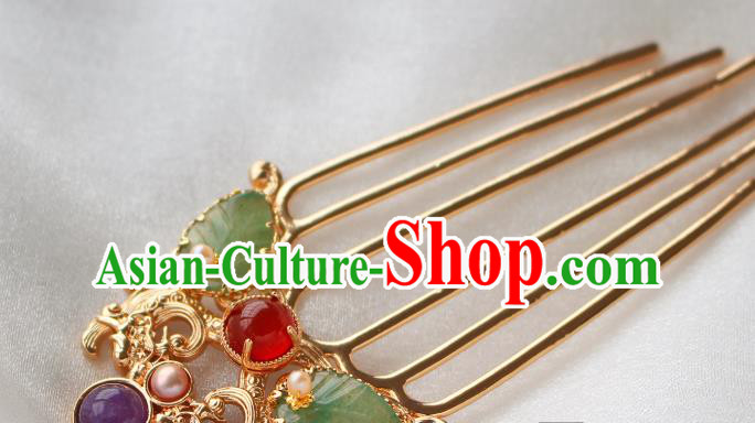 China Ancient Princess Jade Leaf Hairpin Traditional Tang Dynasty Golden Hair Comb