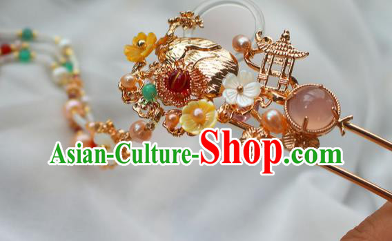 China Ancient Court Lady Golden Hair Stick Traditional Ming Dynasty Princess Pearls Tassel Hairpin