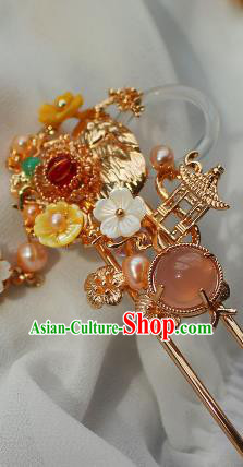 China Ancient Court Lady Golden Hair Stick Traditional Ming Dynasty Princess Pearls Tassel Hairpin